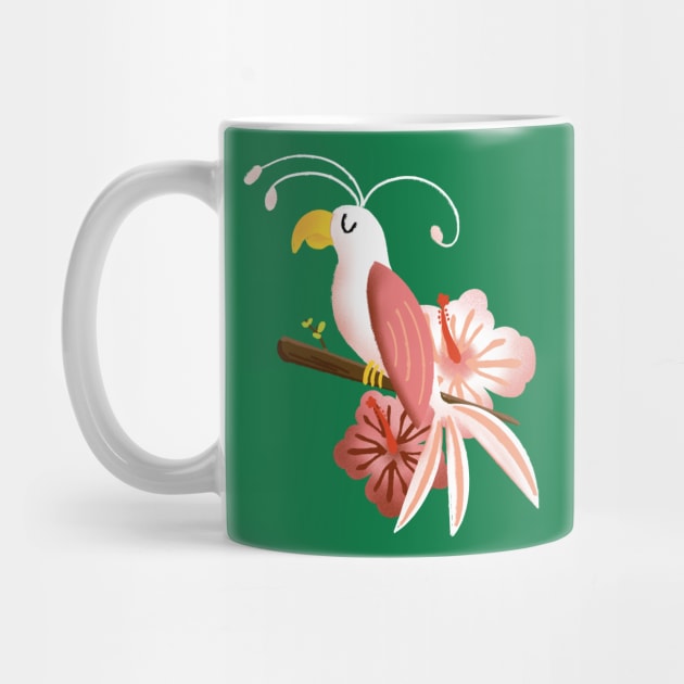 White and Pink Tropical Bird with Hibiscus Flowers by ksrogersdesigns